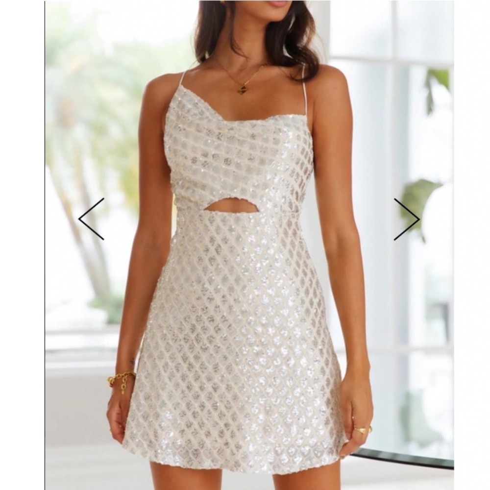 Hello Molly Silver Sequin Cutout Mini Dress Cream Asymmetrical Open Back US 2 XS